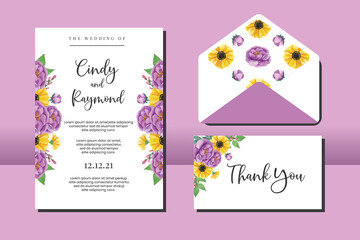 Wedding invitation frame set, floral watercolor hand drawn Anemone and Peony Flower design Invitation Card Template