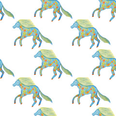 Children's Horse pattern on a white background . blank for packaging printing textiles . seamless background drawn by hand with colored pencils . Animal patterns