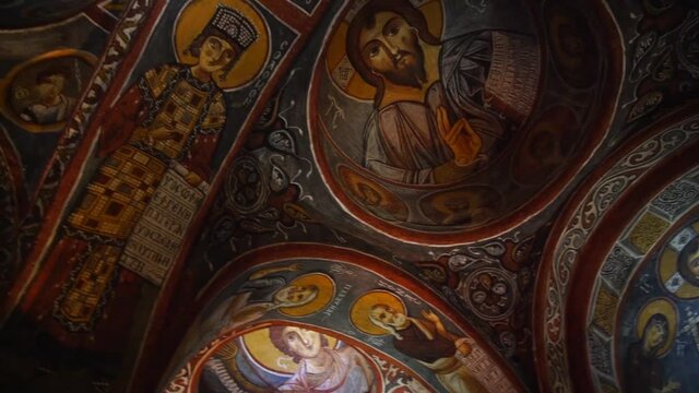 Interior shot religious paintings, goreme open-air museum, Karanlik Kilise, Cappadocia, turkey