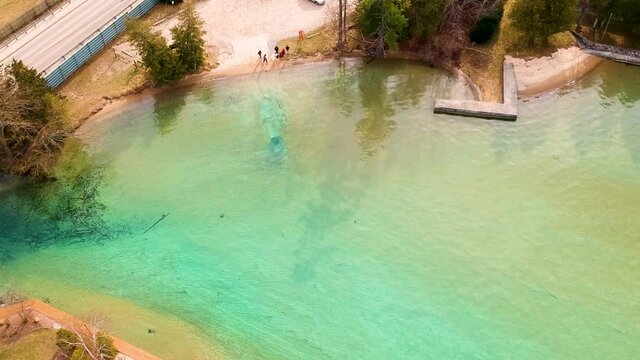 Drone shot of Torch Lake, Michigan. Torch river bridge torch lake access site.