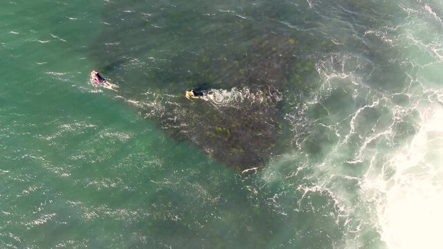 Drone still shot of Bodyboarders floating and paddling in Pacific Ocean Central Coast NSW Australia 3840x2160 4K
