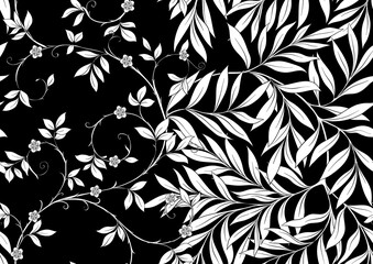 Floral Seamless pattern, background with In art nouveau style, vintage, old, retro style. Black and white graphics vector illustration..