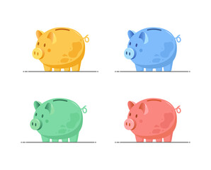 Set of colorful piggy banks. Financial symbol. Save money concept. Investments in future. Banking or business services. Vector illustration in flat cartoon style.