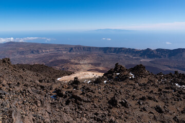 View from Teide то Las Canadas Caldera volcano with solidified lava and Montana Blanca mount. Teide national Park, Tenerife, Canary Islands, Spain.