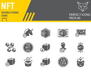 NFT glyph icon set, non fungible token collection, vector graphics, logo illustrations, NFT blockchain vector icons, cryptocurrency signs, solid pictograms, editable stroke