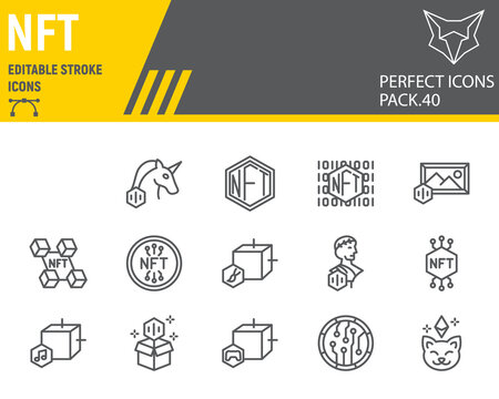 NFT line icon set, non fungible token collection, vector graphics, logo illustrations, NFT blockchain vector icons, cryptocurrency signs, outline pictograms, editable stroke