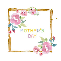 Square gold frame by hand romantic flowers in watercolor by hand