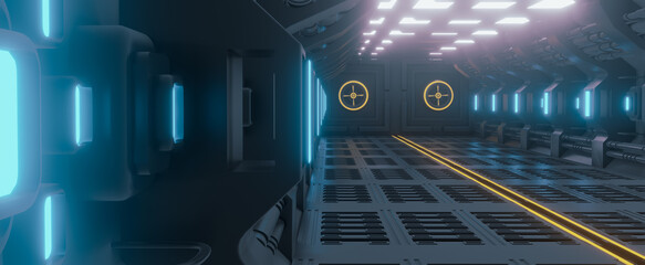 Modern Futuristic Sci Fi spaceship,metal floor and light panels,blue neon glowing lights,interior design dark background,spaceship interior architecture corridor,cyberpunk design,3d rendering