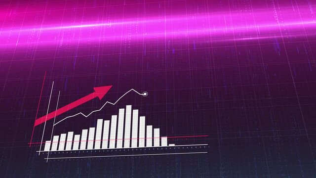 Animation of ascending blue histogram chart with uparrow, Statistics, Data, quotes, Rising chart. Camera flyby