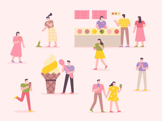 Many people are eating ice cream. Ice cream shop with pink background. flat design style minimal vector illustration.