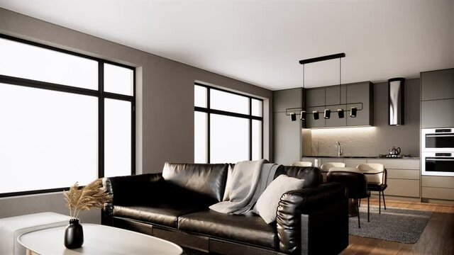 interior of modern gray room with furniture and large window. contemporary apartment style. pan right shot video 4k 3d animation