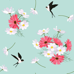 Seamless vector illustration with gerberas,kosmea and swallows on a turquoise background.