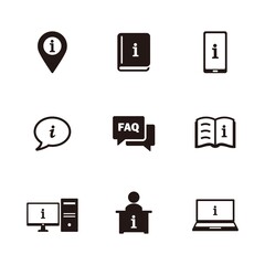 Information-01Simple set of info and help desk icons. Contains such icons as information point, manual, guide reading, laptop, , hand phone, computer, info center and more.