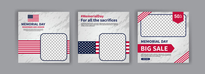 Memorial day greeting card displayed with the national flag of the United States of America. Social media templates for memorial day.