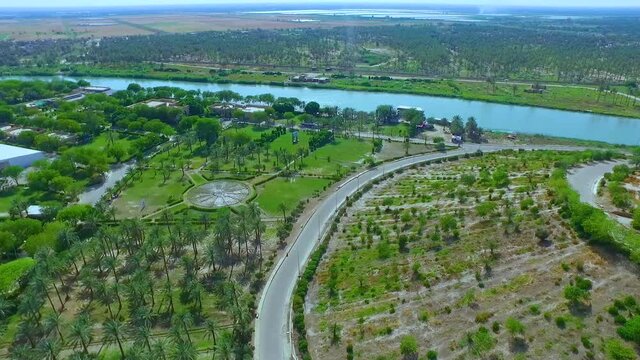 drone shot of River near Babylon  in Iraq, Hila