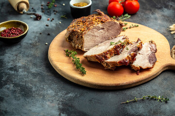 Roast pork. Big Piece of Slow Cooked Oven-Barbecued Pulled Pork shoulder with mustard and thyme. banner, menu recipe place for text, top view