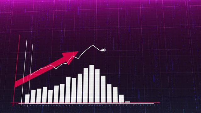 Animation of ascending blue histogram chart with uparrow, Statistics, Data, quotes, Rising chart. Camera flyby