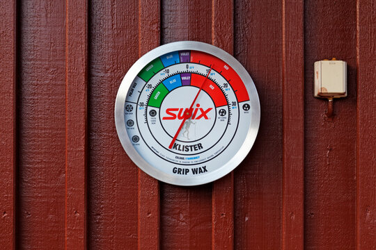 Umea, Norrland Sweden - March 21, 2021: meter that determines which wax to use for skiing. Text: glue