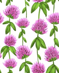 Seamless pattern of pink clover flowers with leaves. Botanical illustration. Digital oil simulation. Design of wallpaper, fabrics, textiles, packaging, gift paper, posters, weddings.
