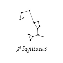 Fototapeta na wymiar constellation Sagittarius icon and lettering. hand drawn doodle style. vector, minimalism, monochrome, sketch. zodiac sign, horoscope.