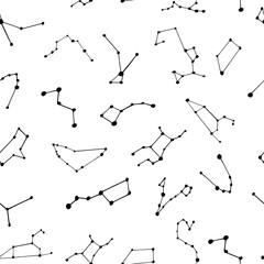 constellations starry sky seamless pattern. hand drawn doodle style. wallpaper, digital paper, wrapping, background, textile. vector, minimalism, monochrome, sketch. zodiac signs, horoscope.