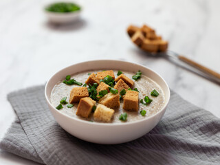 Mushroom soup-puree with onion, cheese and crackers