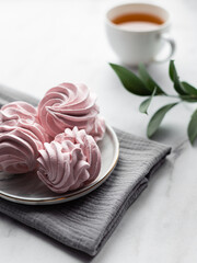 Strawberry marshmallows on a plate. It is prepared by whipping strawberry puree with egg white and hot syrup with agar gelling agent. A cup of tea. Morning.