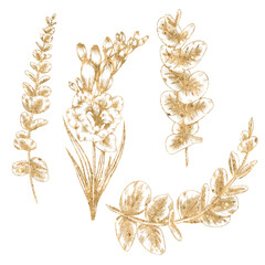 Gold lina eucalyptus branches, freesia flower, golden botanica, wedding design elements © Яна Сидельникова