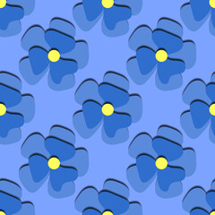 Paper cut blue daisies seamless pattern. Beautiful trendy romantic festive background, blossoming 3d flowers. Floral stylish modern wallpaper. Vector illustration. Cut paper.