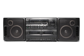 Retro tape recorder isolated on a white background. Radio cassette corder front view.