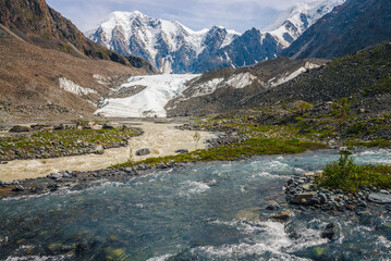 Sunny alpine landscape with confluence of two various mountain rivers on background of snowy mountain with glacier. Beautiful clear creek flows into dirty river. Confluence of two different rivers.