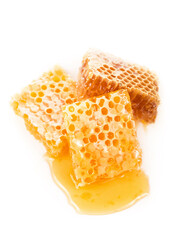 glass pot with floral honey isolated on white background.