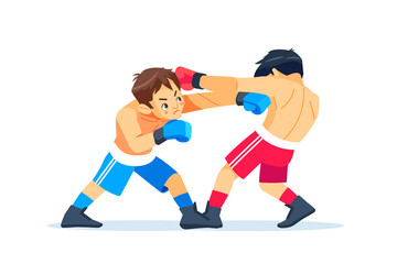 Boxing among boys. Teen boxing, kickboxing children. Children fight with these adult emotions. Popularization of sports and healthy lifestyle. Vector illustration of boxing.