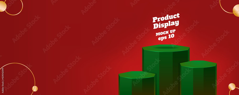 Poster vector flat geometric product display red christmas background, dark green color block studio kiosk.