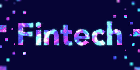 fintech word with blue and purple fluid texture with digital square unit floating in air on dark navy blue background