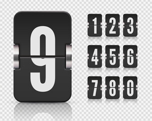 Numeric flip scoreboard set with reflections for black countdown timer or web page watch or calendar on transparent background. Vector illustration