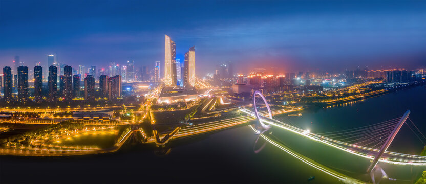 Aerial photography night view of modern city architecture landscape in Nanjing, China