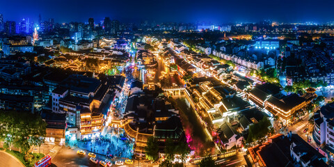 Fototapeta na wymiar Aerial photography night view of ancient buildings on the Qinhuai River in Nanjing