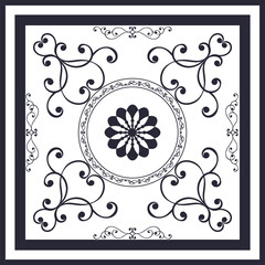 Openwork dark blue pattern on a white background. Printed scarf.