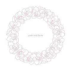 Hand-drawn vector illustration in vintage style. Outline drawing of the plant. Round frame with botanical elements. Template design for text. Leaves and tropical flowers. Floral ornamental border.