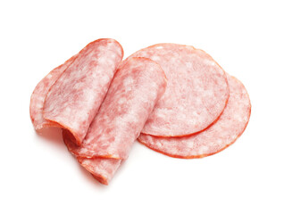 Slices of tasty salami on white background