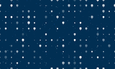 Seamless background pattern of evenly spaced white tree symbols of different sizes and opacity. Vector illustration on dark blue background with stars