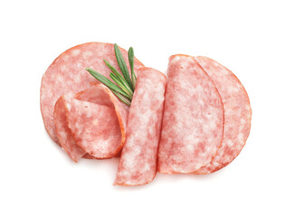 Slices of tasty salami on white background