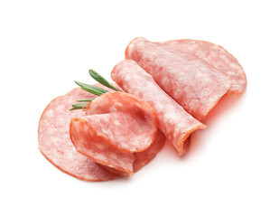 Slices of tasty salami on white background
