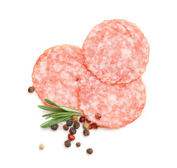 Slices of tasty salami on white background