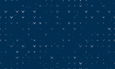 Seamless background pattern of evenly spaced white baseball bats symbols of different sizes and opacity. Vector illustration on dark blue background with stars