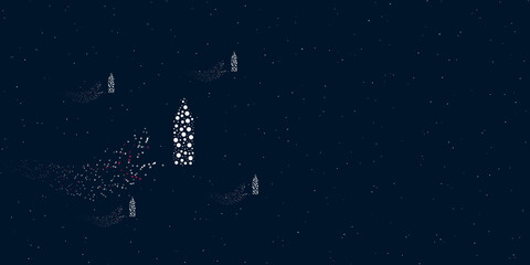 A plastic bottle symbol filled with dots flies through the stars leaving a trail behind. There are four small symbols around. Vector illustration on dark blue background with stars
