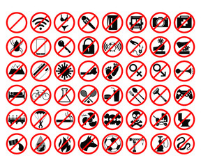 Various prohibition signs red on white background, vector illustration