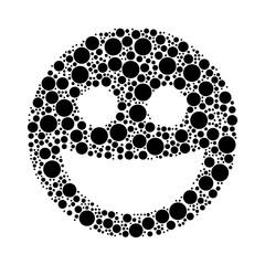 A large laughter smiley symbol in the center made in pointillism style. The center symbol is filled with black circles of various sizes. Vector illustration on white background