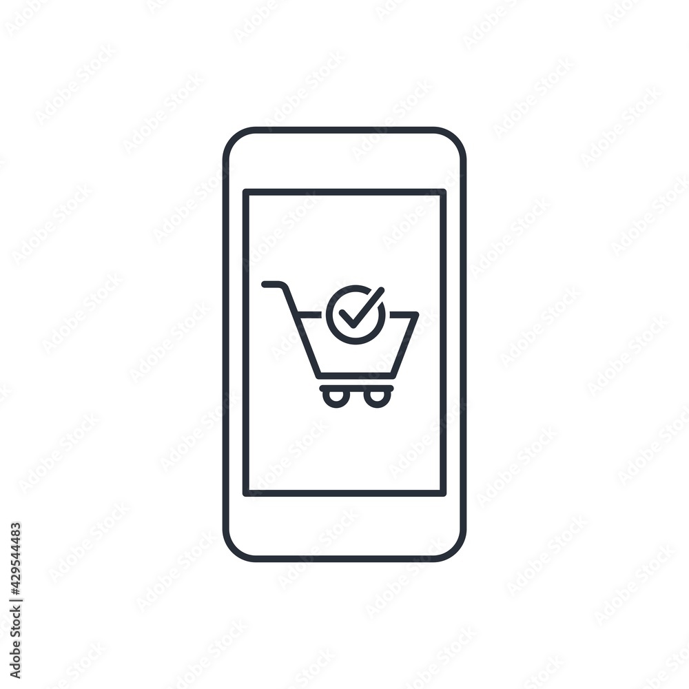 Poster shopping cart on monitor. online orders. vector linear icon isolated on white background.